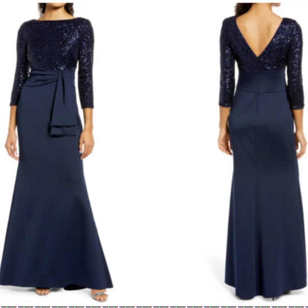 Eliza J Navy Blue Sequin Bodice Stretch Knit Skirt Pleated Bow Gown